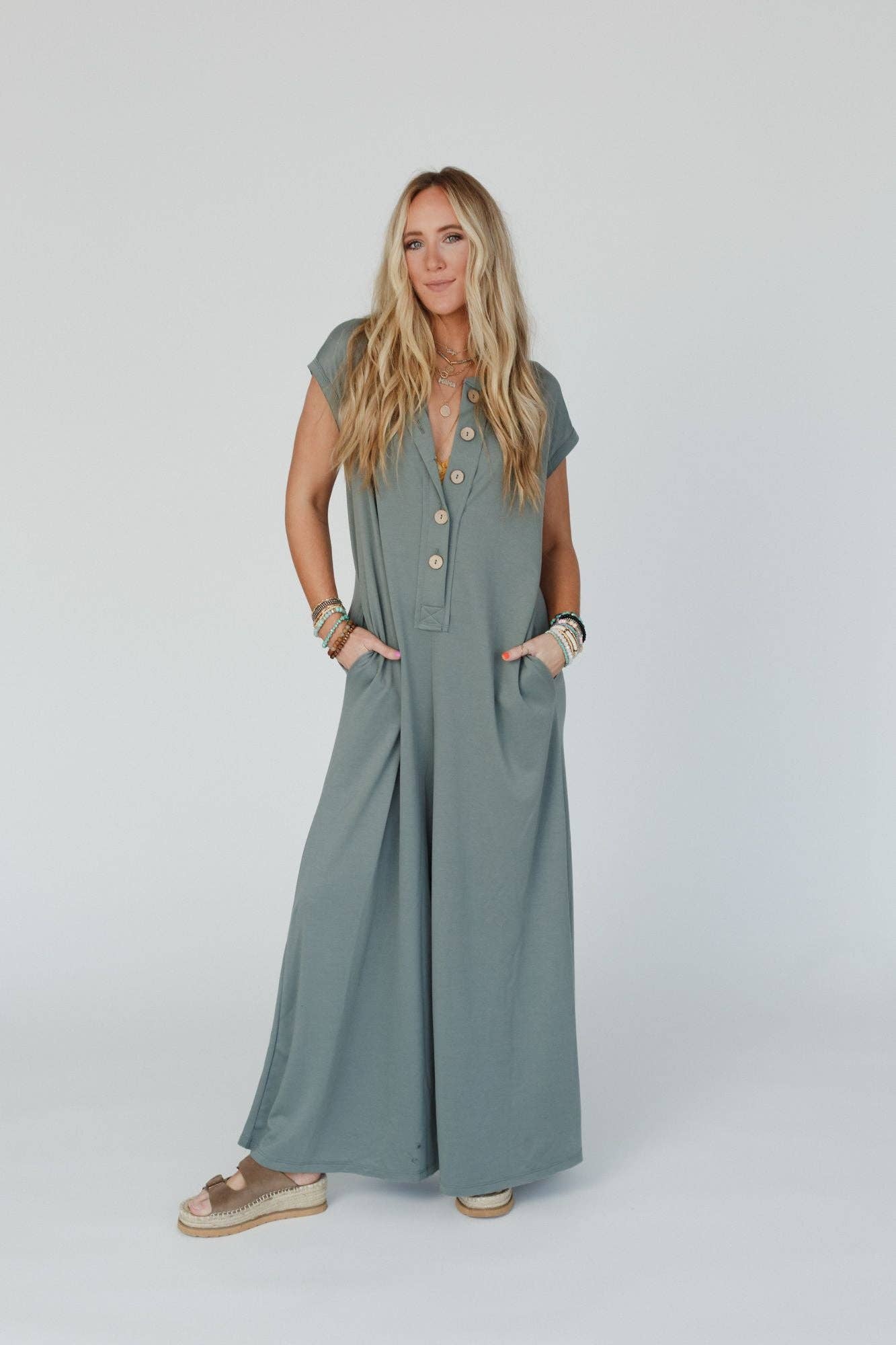 Three Bird Nest - Davina Wide Leg Jumpsuit - Light Olive