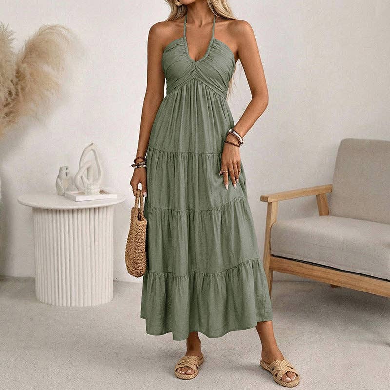 Lovesoft - Women’s Halter V Neck Tiered Maxi Dress Backless
