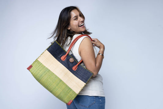 Shebobo - Zafran 3 Tone Color Block Raffia Straw Beach Bag