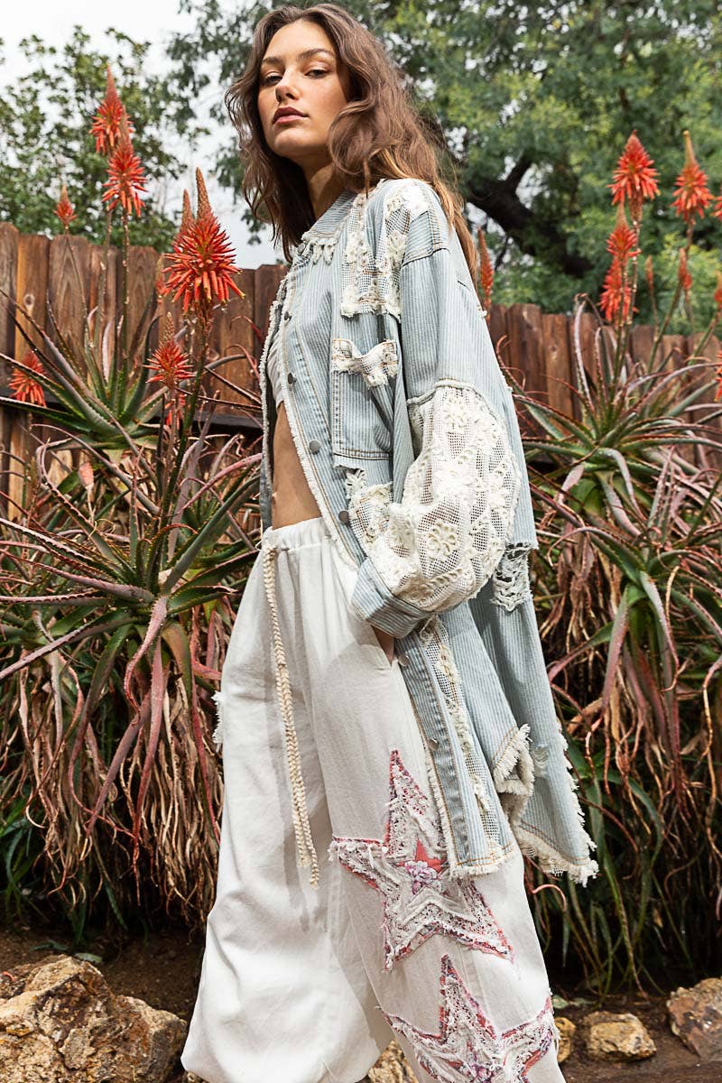 Pol Clothing - Oversize distressed crochet patch denim shacket