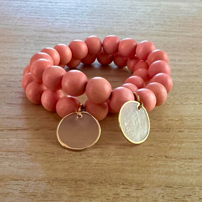 Nellie Pratt Artisan Jewelry - Charmed Life- wood shell beachy boho stretch bracelet: Light Pink