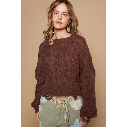 Vintage washed distressing solid cable knit sweater