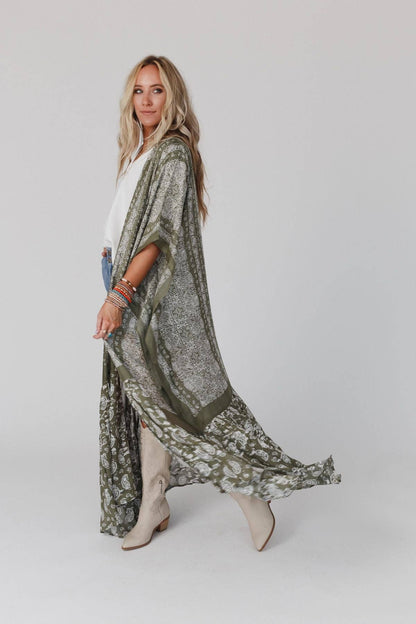 Three Bird Nest - Paisley Tapestry Free Flow Duster Kimono - Olive: OS
