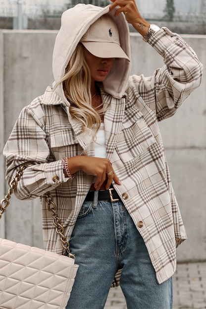 Lovesoft - Khaki Plaid Shirt emovable Hood Buttoned Shacket