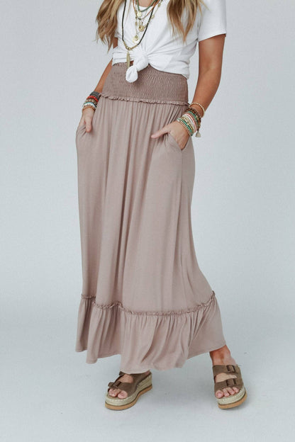 Three Bird Nest - Rustic Romance Smocked Maxi Skirt - Dark Mocha: