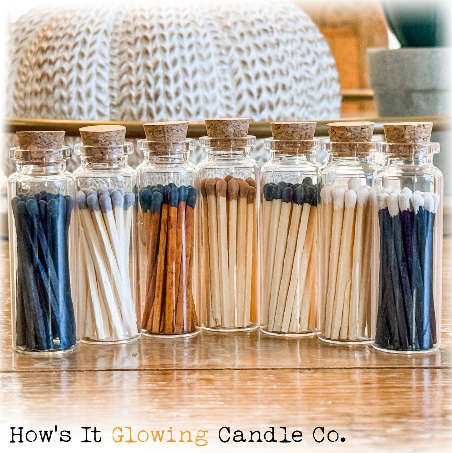 How's It Glowing Candle Co. - Apothecary Vial Safety Matches & Striker | Glass w Cork Lid