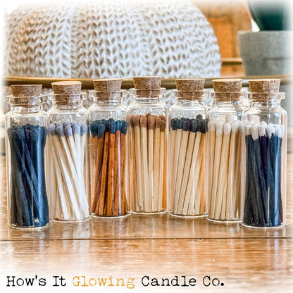 How's It Glowing Candle Co. - Apothecary Vial Safety Matches & Striker | Glass w Cork Lid