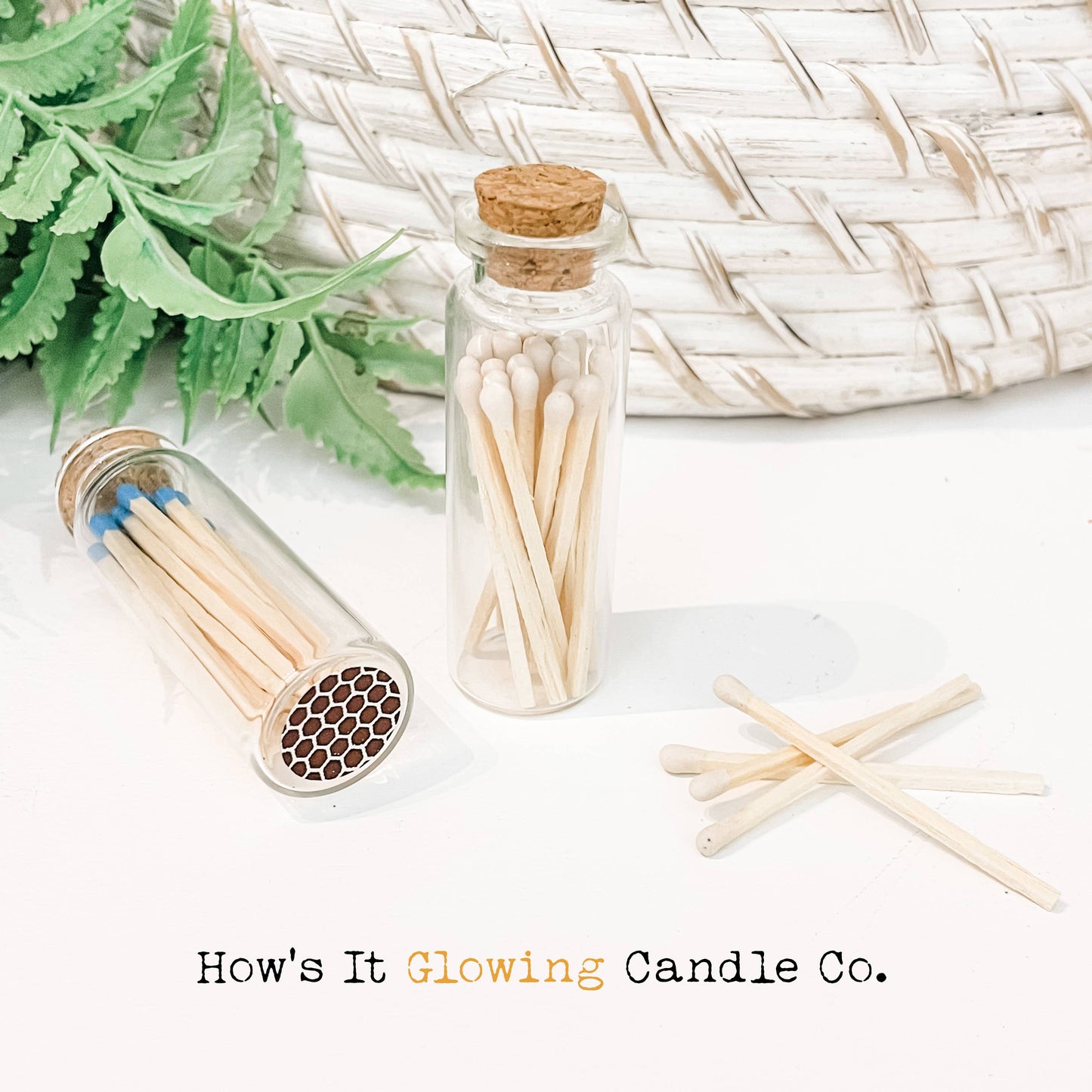 How's It Glowing Candle Co. - Apothecary Vial Safety Matches & Striker | Glass w Cork Lid