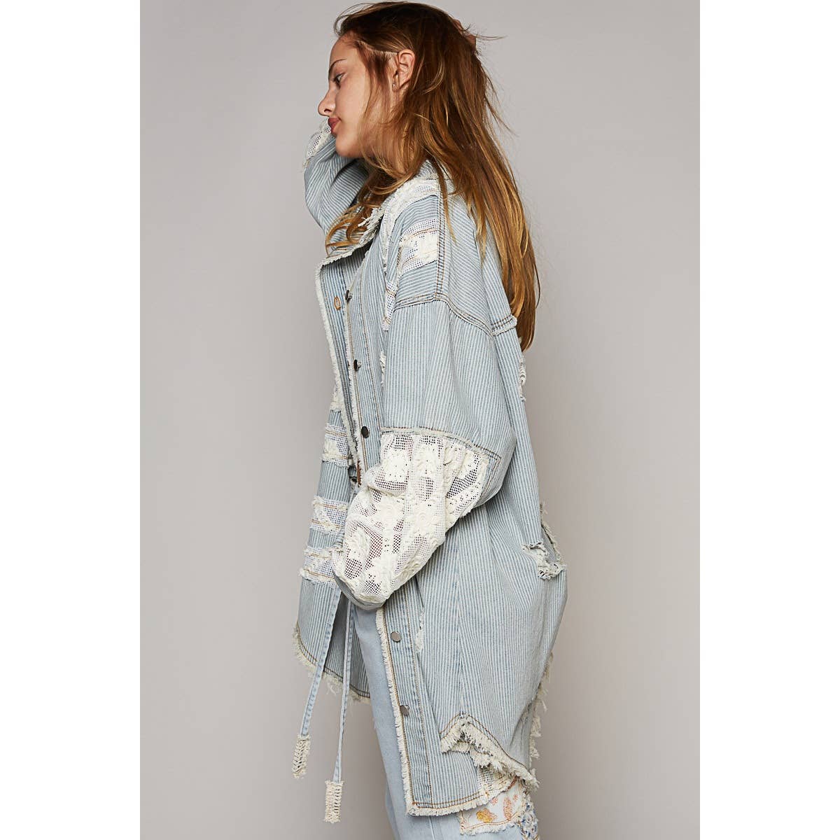Pol Clothing - Oversize distressed crochet patch denim shacket