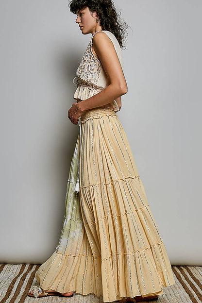 Pol Clothing - Smocked Waist Tassel Tie Tiered Maxi Skirt