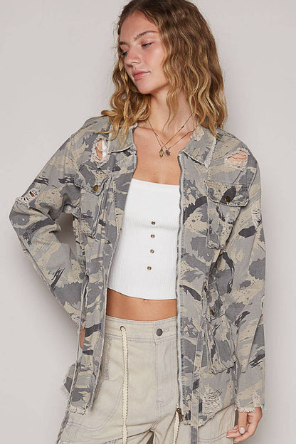 Zipper camo print jacket with pockets