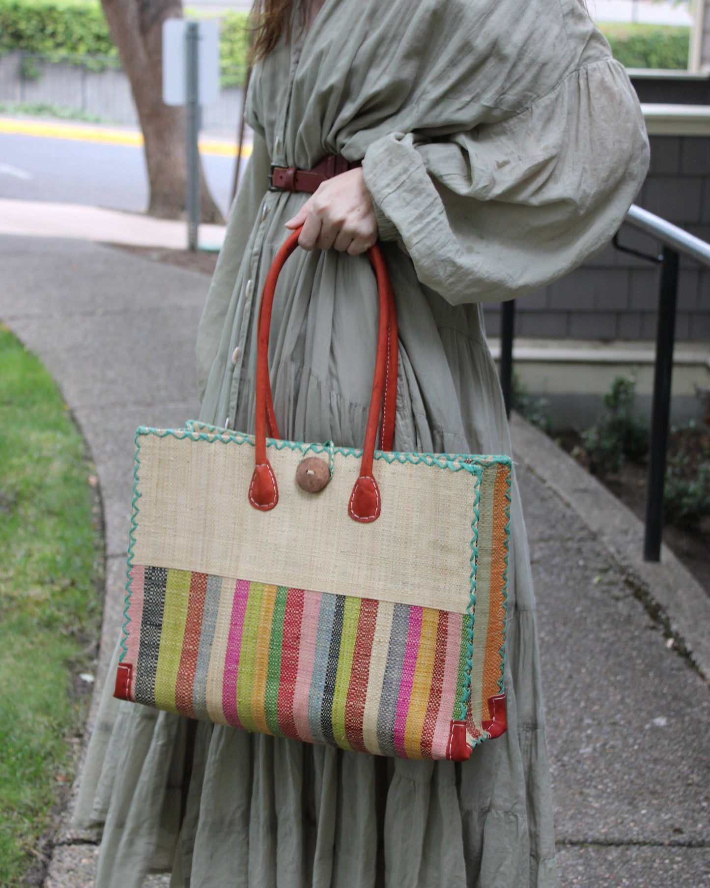 Shebobo - Zafran Two Tone Wide Stripe Raffia Straw Beach Bag