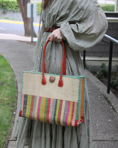Shebobo - Zafran Two Tone Wide Stripe Raffia Straw Beach Bag
