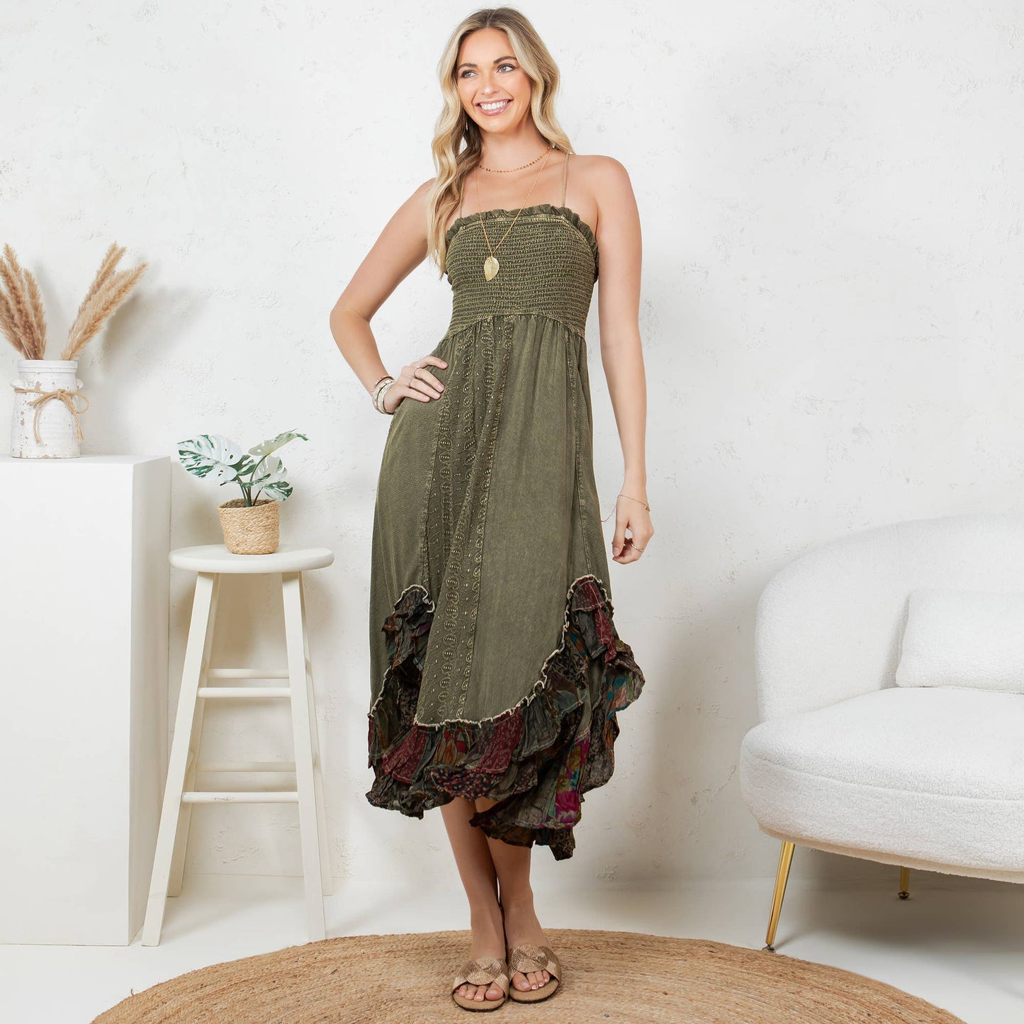 Young Threads - Sun-Kissed Patchwork: Smocked Bliss Boho Mid-Length Dress 