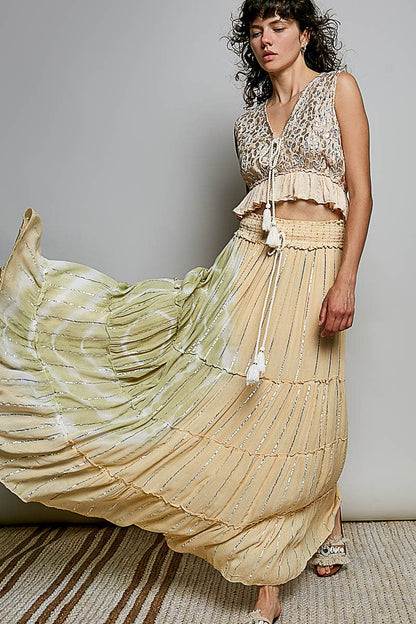 Pol Clothing - Smocked Waist Tassel Tie Tiered Maxi Skirt