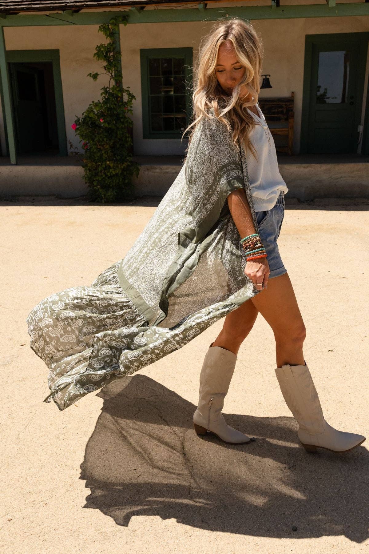 Three Bird Nest - Paisley Tapestry Free Flow Duster Kimono - Olive: OS