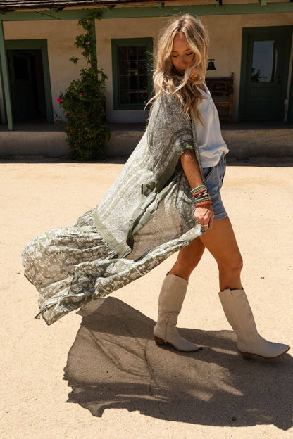 Three Bird Nest - Paisley Tapestry Free Flow Duster Kimono - Olive: OS