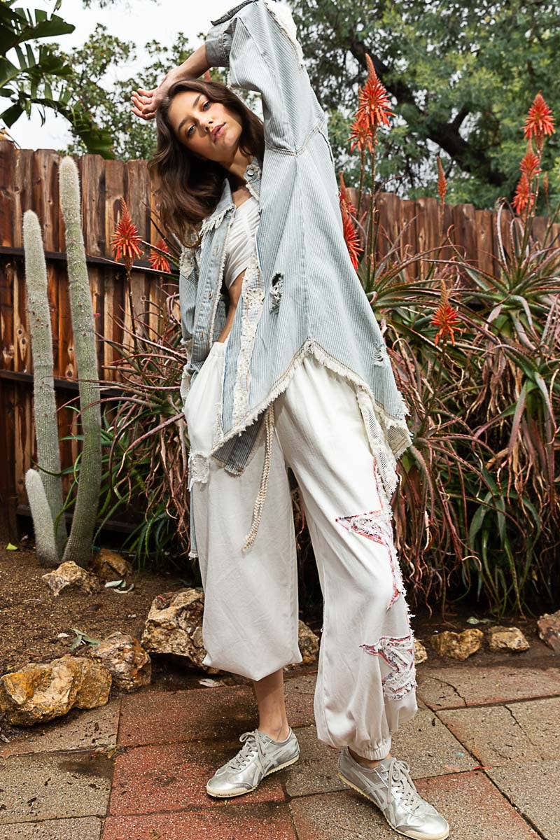 Pol Clothing - Oversize distressed crochet patch denim shacket