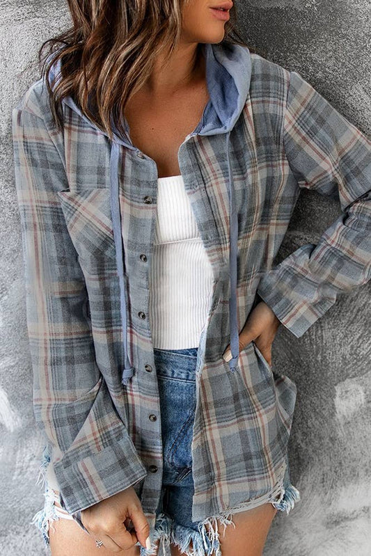 Plaid Hoodies Shacket Shirt Jacket