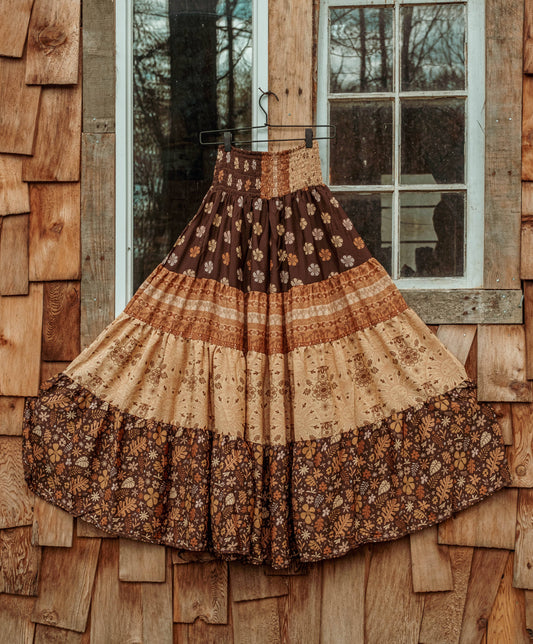 Gardenbelle Shop - Bohemian Earthy Print Tiered Maxi Skirt, Hippie Boho Dress