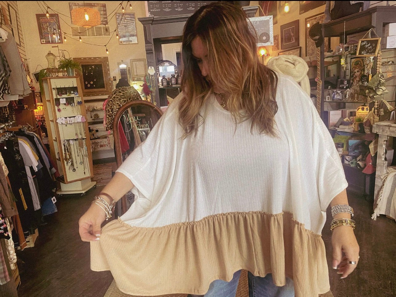 Three Bird Nest - Sally Ruffle Top - Off White Camel