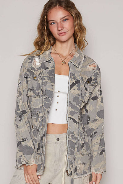 Zipper camo print jacket with pockets