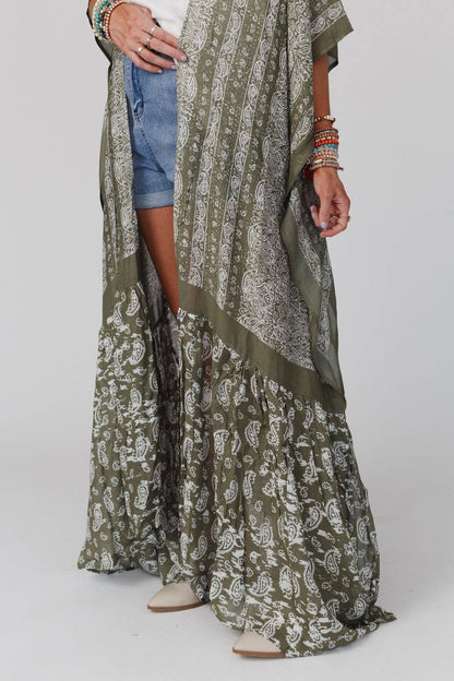 Three Bird Nest - Paisley Tapestry Free Flow Duster Kimono - Olive: OS