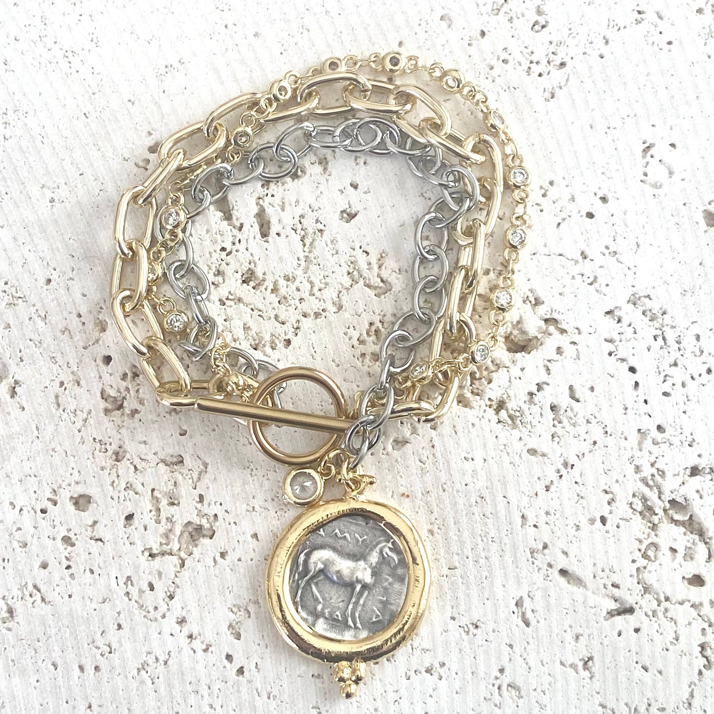 VB&CO Designs Handmade Jewelry - Coin triple bracelet Greek horse coin boutique salon