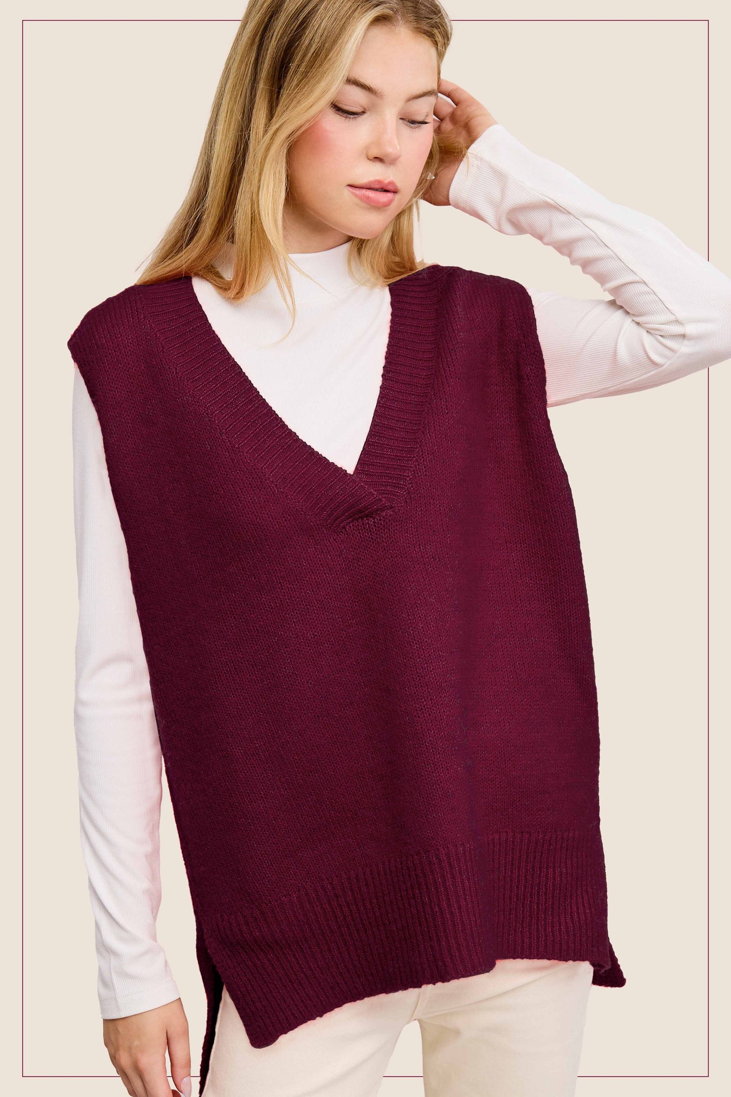 La Miel - MCS3589-Oversized Soft Knit Sweater Vest with Side Slit