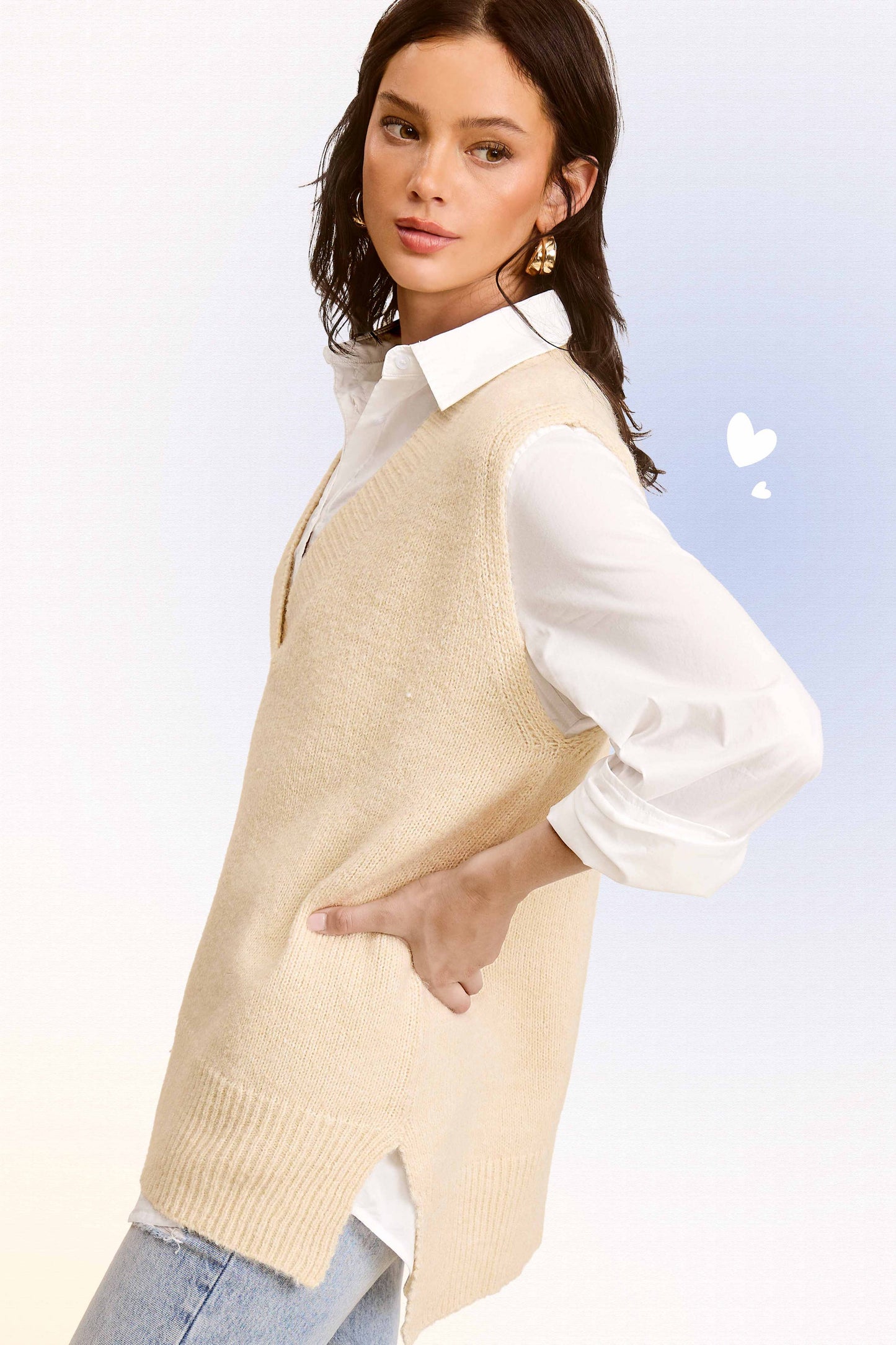La Miel - MCS3589-Oversized Soft Knit Sweater Vest with Side Slit