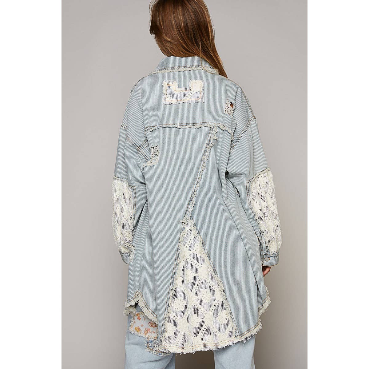 Pol Clothing - Oversize distressed crochet patch denim shacket