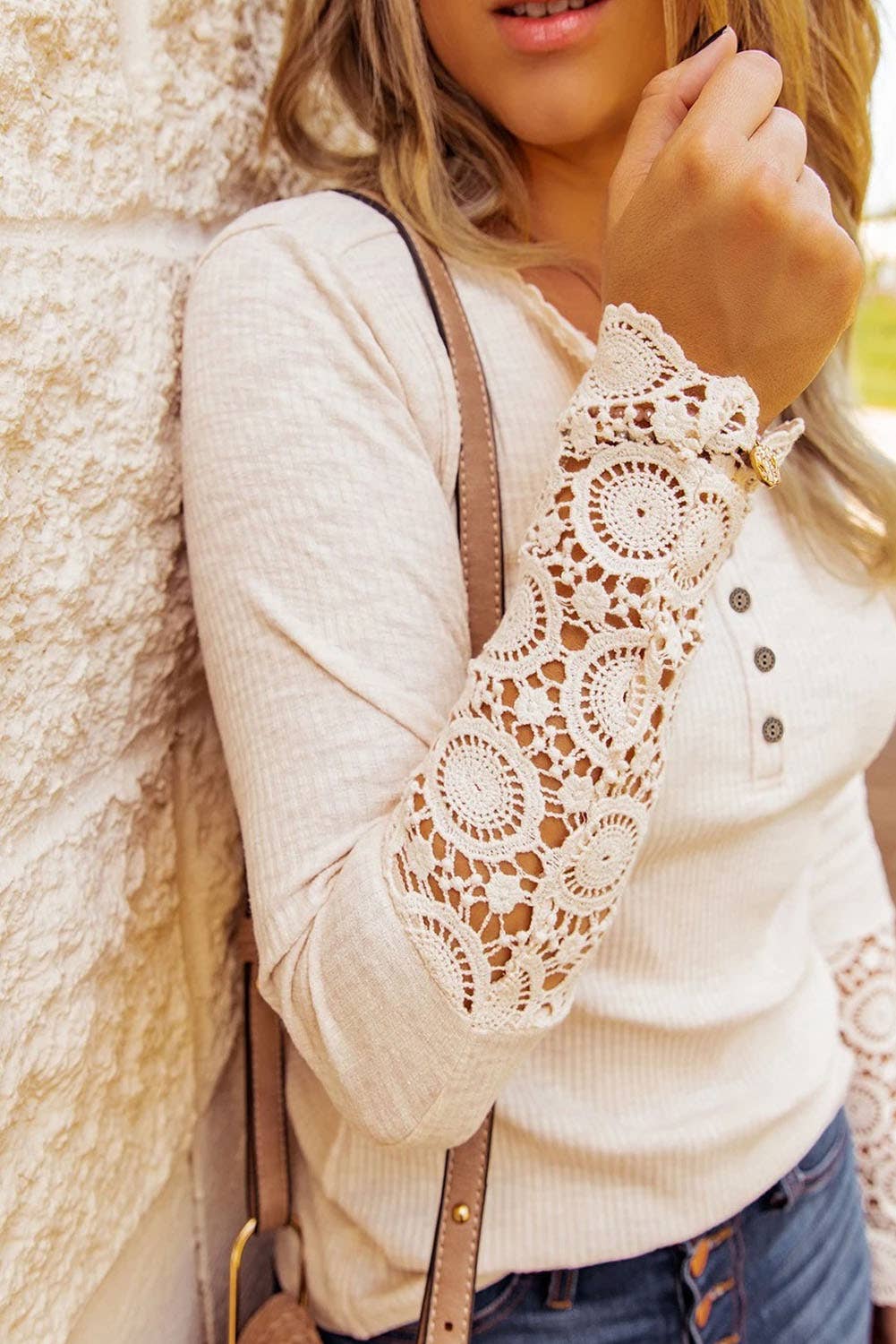 Lovesoft - Beige Crochet Lace Hem Sleeve Button Top