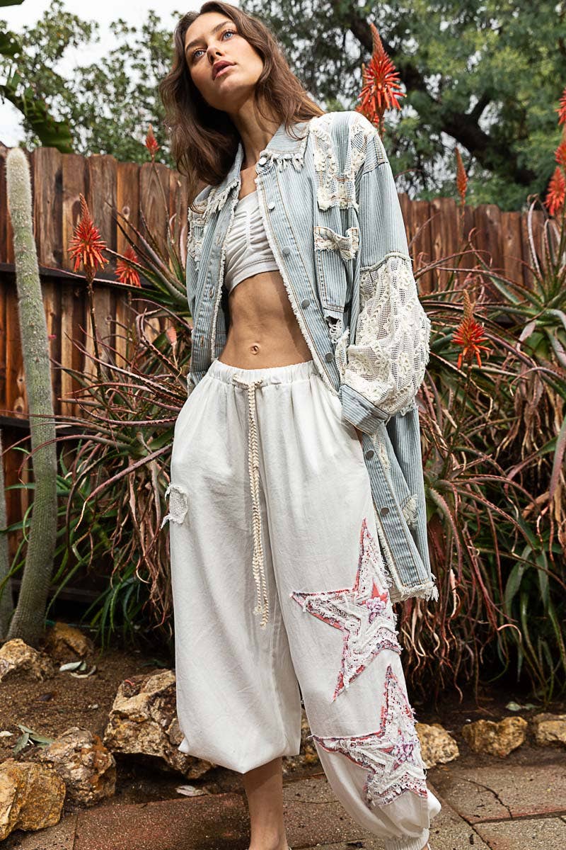 Pol Clothing - Oversize distressed crochet patch denim shacket