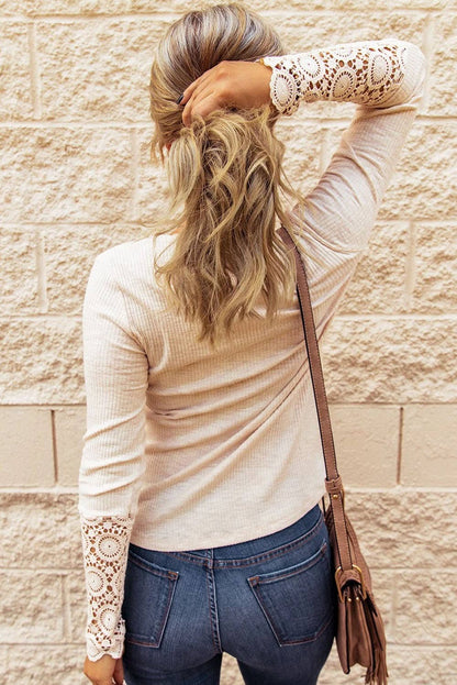 Lovesoft - Beige Crochet Lace Hem Sleeve Button Top