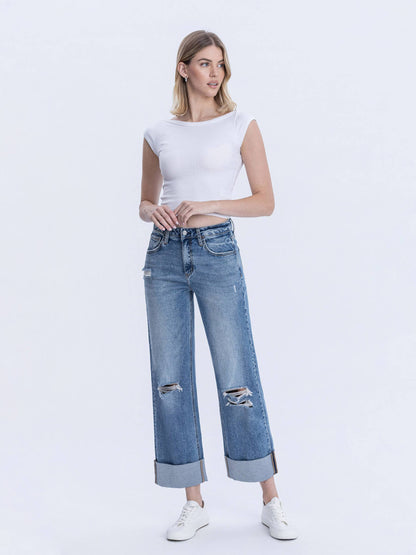 Lovervet by VERVET - SUPER HIGH RISE DOUBLE CUFFED BAGGY WIDE JEANS LV1459