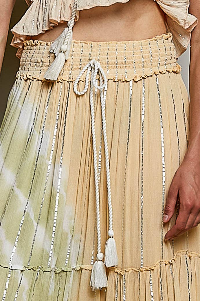 Pol Clothing - Smocked Waist Tassel Tie Tiered Maxi Skirt