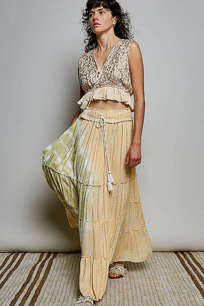 Pol Clothing - Smocked Waist Tassel Tie Tiered Maxi Skirt