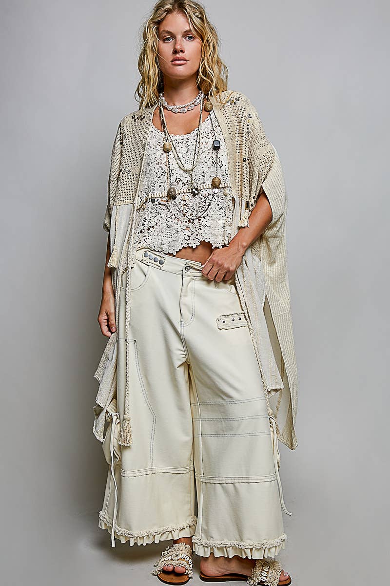 Pol Clothing - Boho Crochet Contrast Sequin Tassel Midi Kimono Fit Cardigan