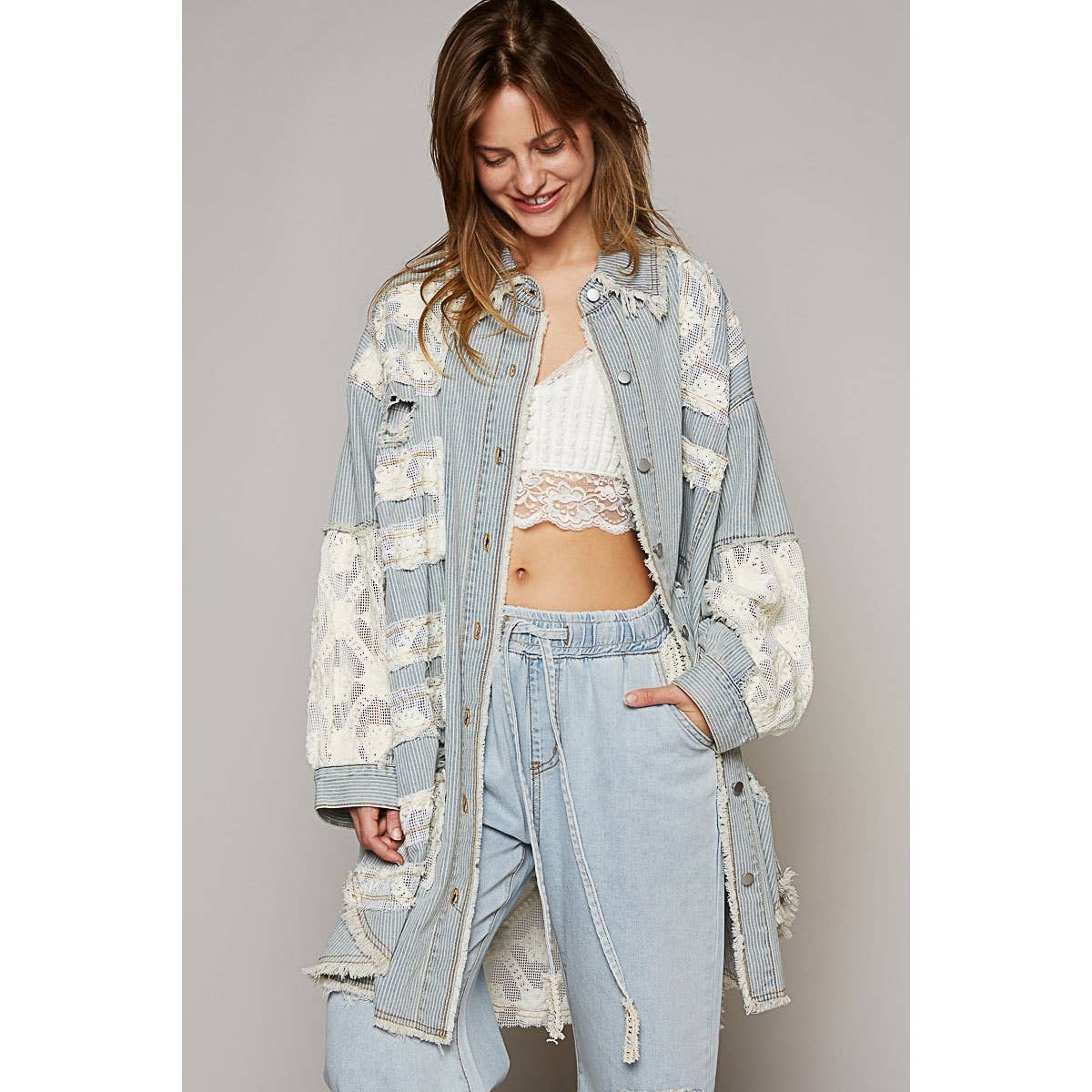 Pol Clothing - Oversize distressed crochet patch denim shacket