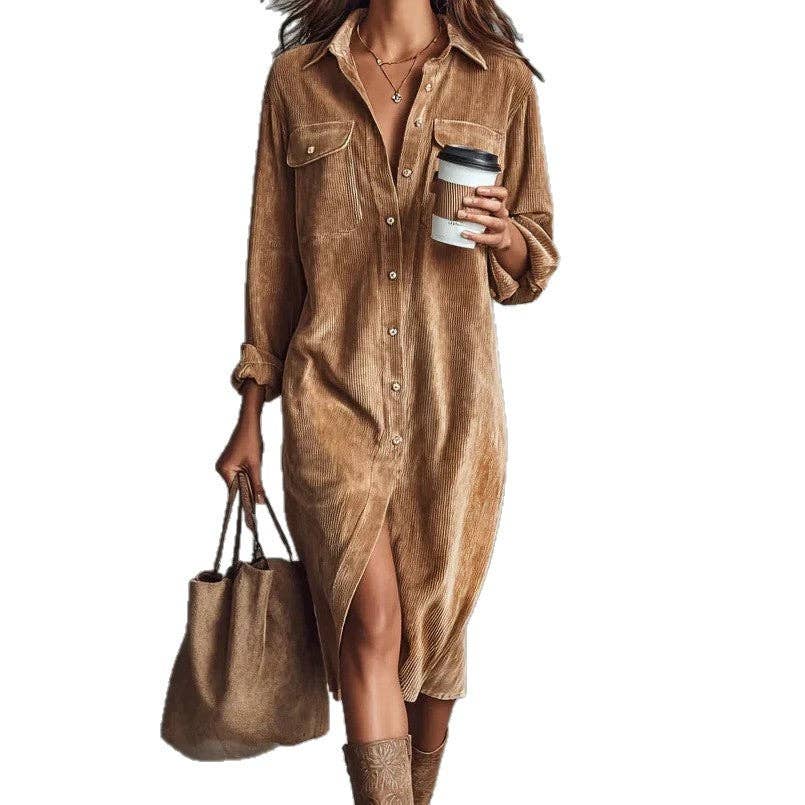 EmberLoom - Women Corduroy Long Sleeve Shirt Dress