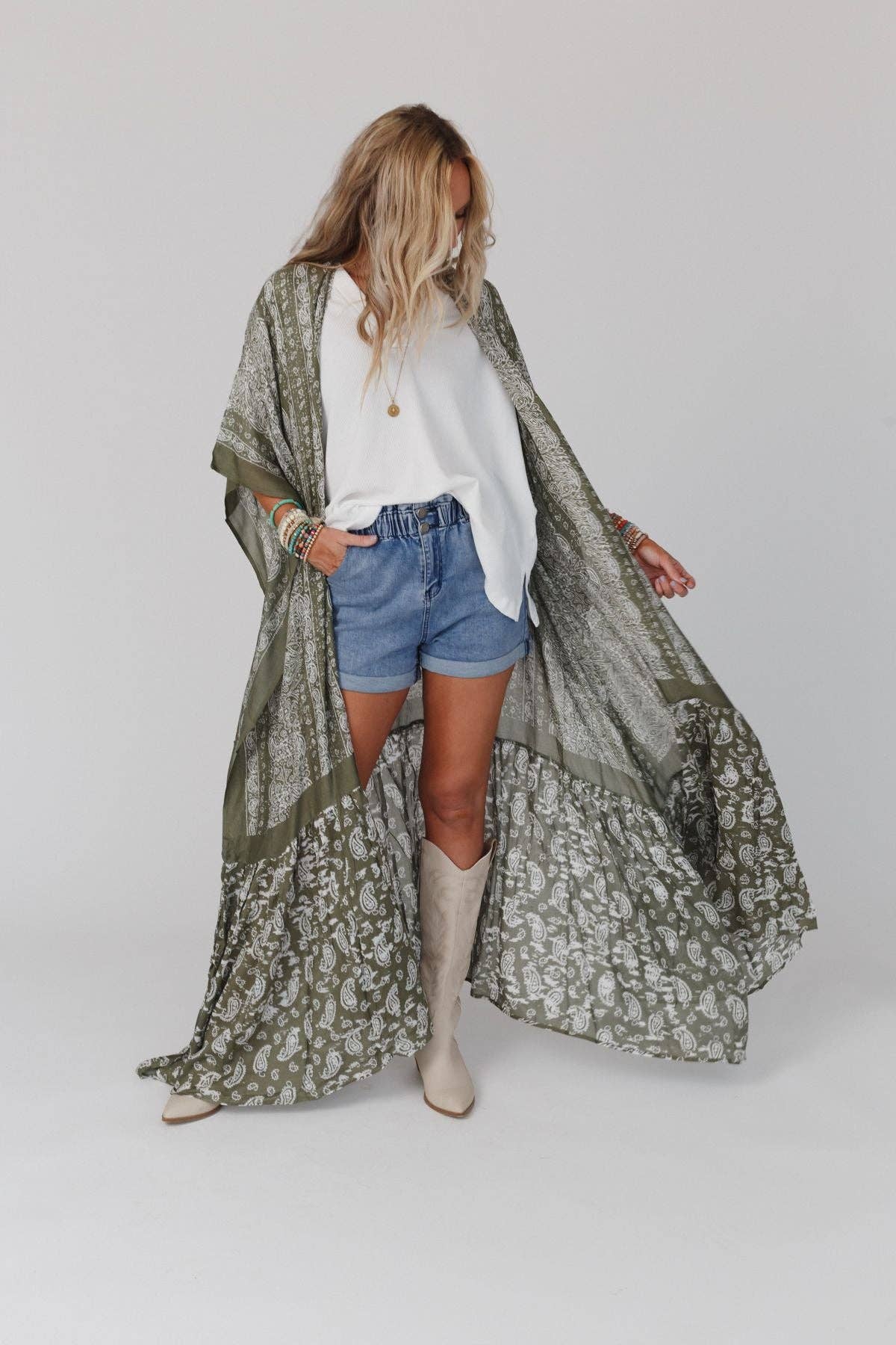 Three Bird Nest - Paisley Tapestry Free Flow Duster Kimono - Olive: OS