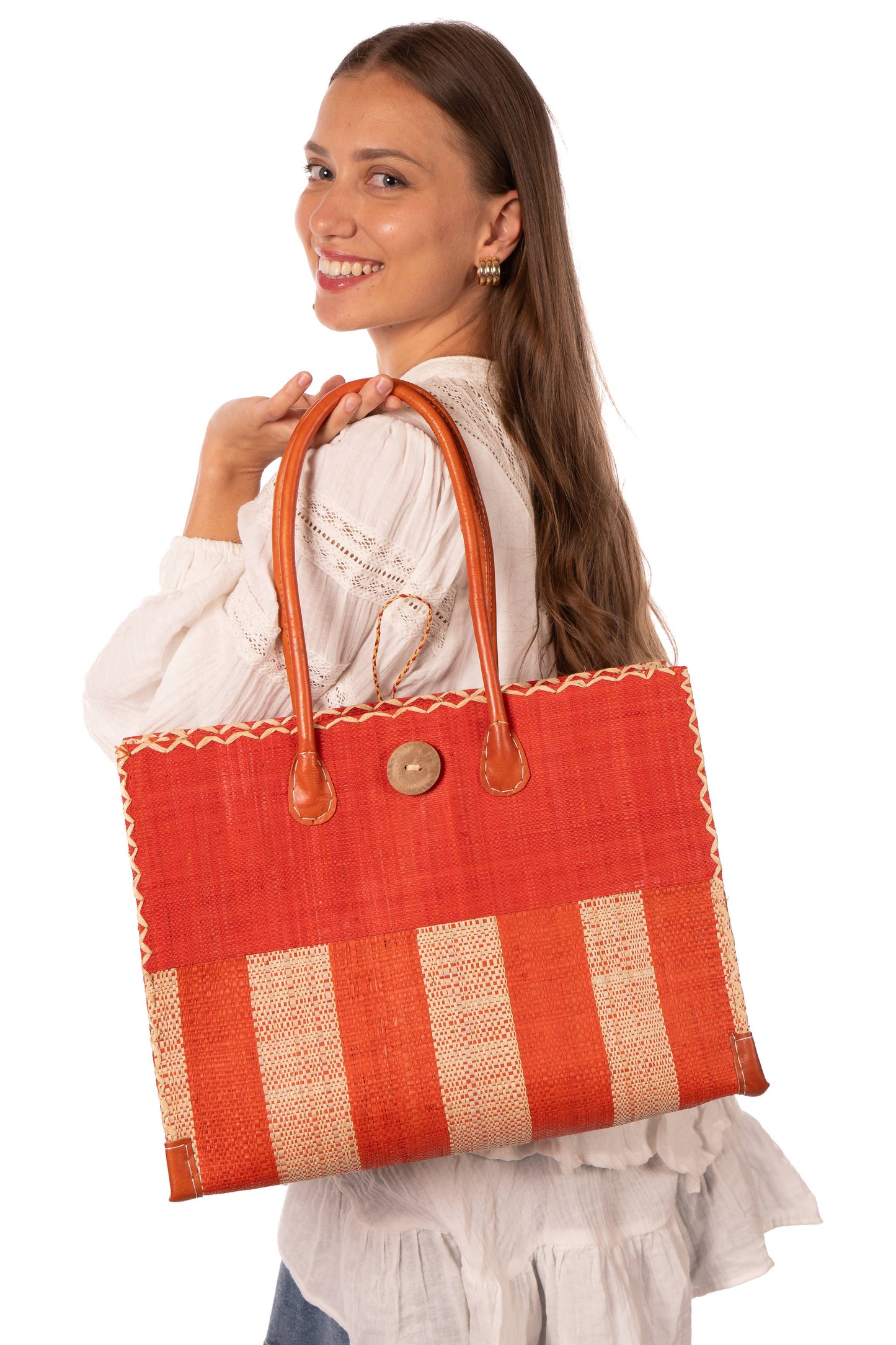Shebobo - Zafran Two Tone Wide Stripe Raffia Straw Beach Bag