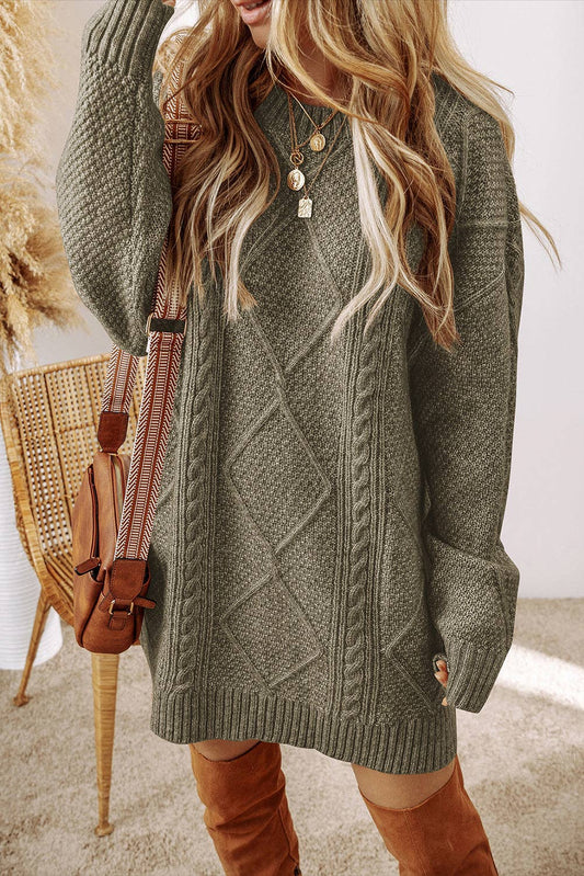 Lovesoft - Parchment Cable Knit Drop Shoulder Loose Fit Sweater Dress