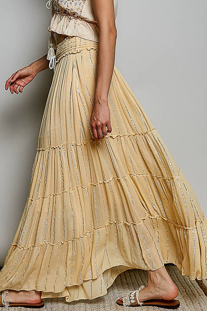 Pol Clothing - Smocked Waist Tassel Tie Tiered Maxi Skirt