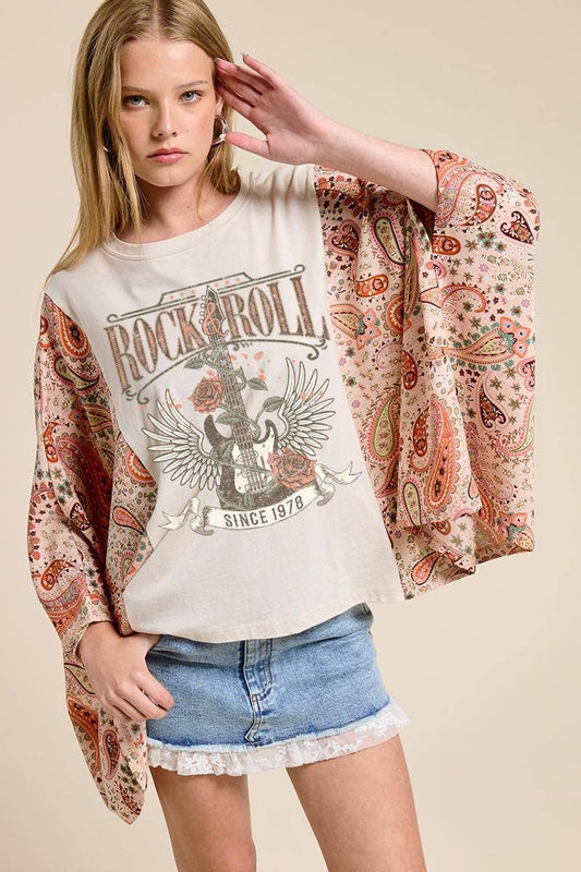 Zutter - Rock N Roll Vintage Graphic Rustic Sheer Sleeves Kaftan Top