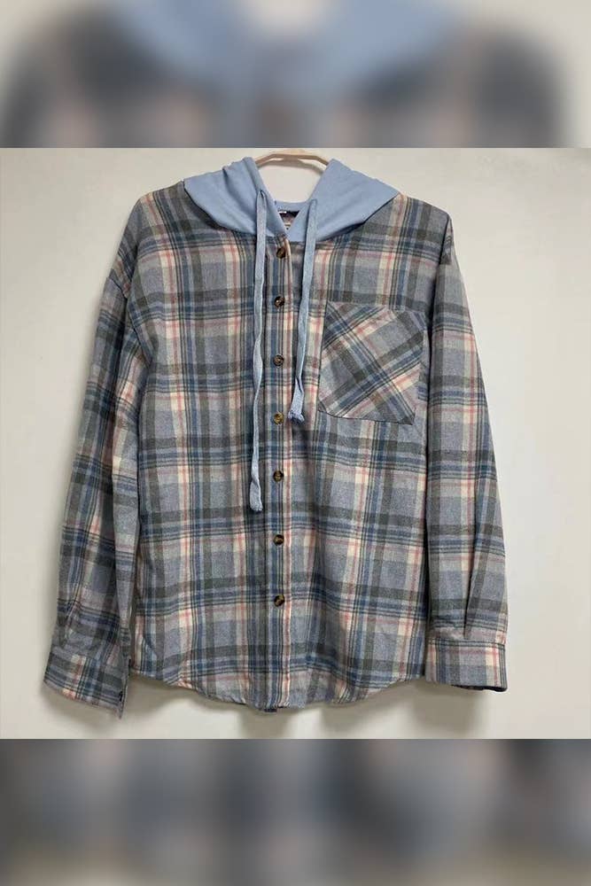Plaid Hoodies Shacket Shirt Jacket