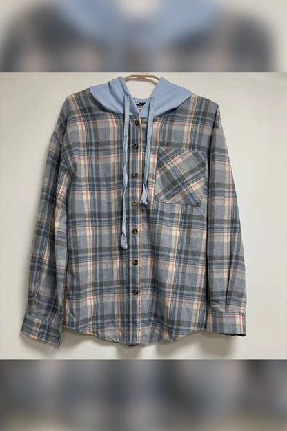 Plaid Hoodies Shacket Shirt Jacket