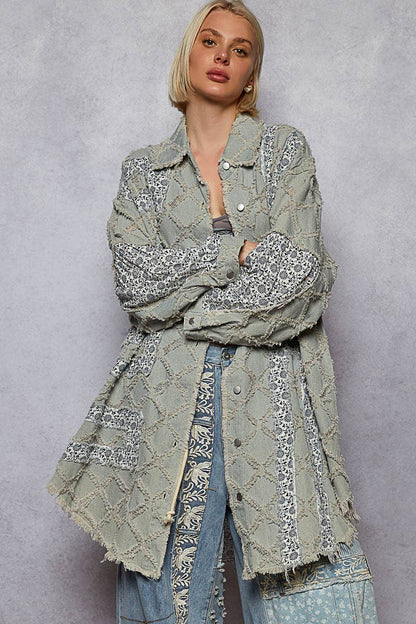 Pol Clothing - Oversize balloon long sleeve crochet print patch shacket
