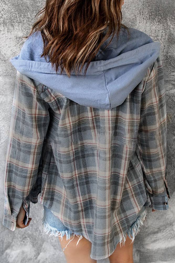 Plaid Hoodies Shacket Shirt Jacket