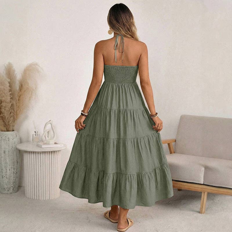 Lovesoft - Women’s Halter V Neck Tiered Maxi Dress Backless